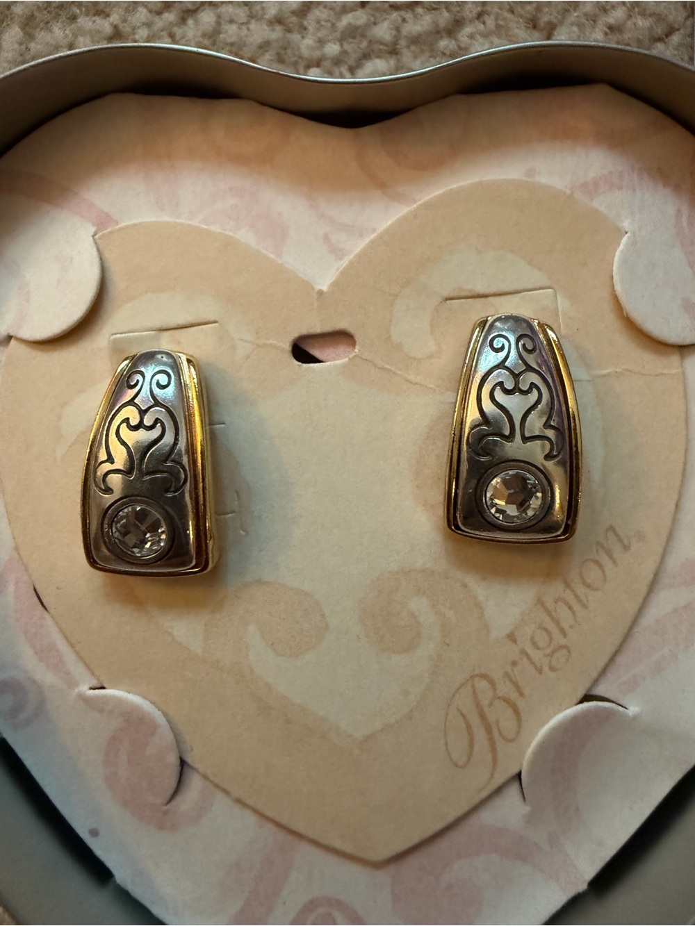 Brighton Two Tone Silver Gold Crystal Scroll Heart Post Earrings w/ Tin